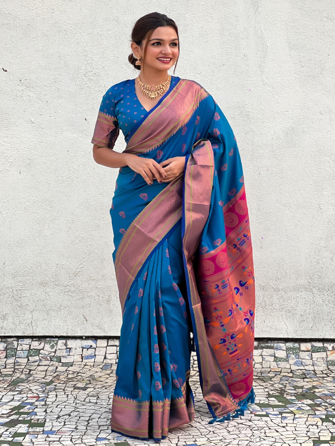 

all about you Woven Design Zari Silk Blend Paithani Saree, Blue