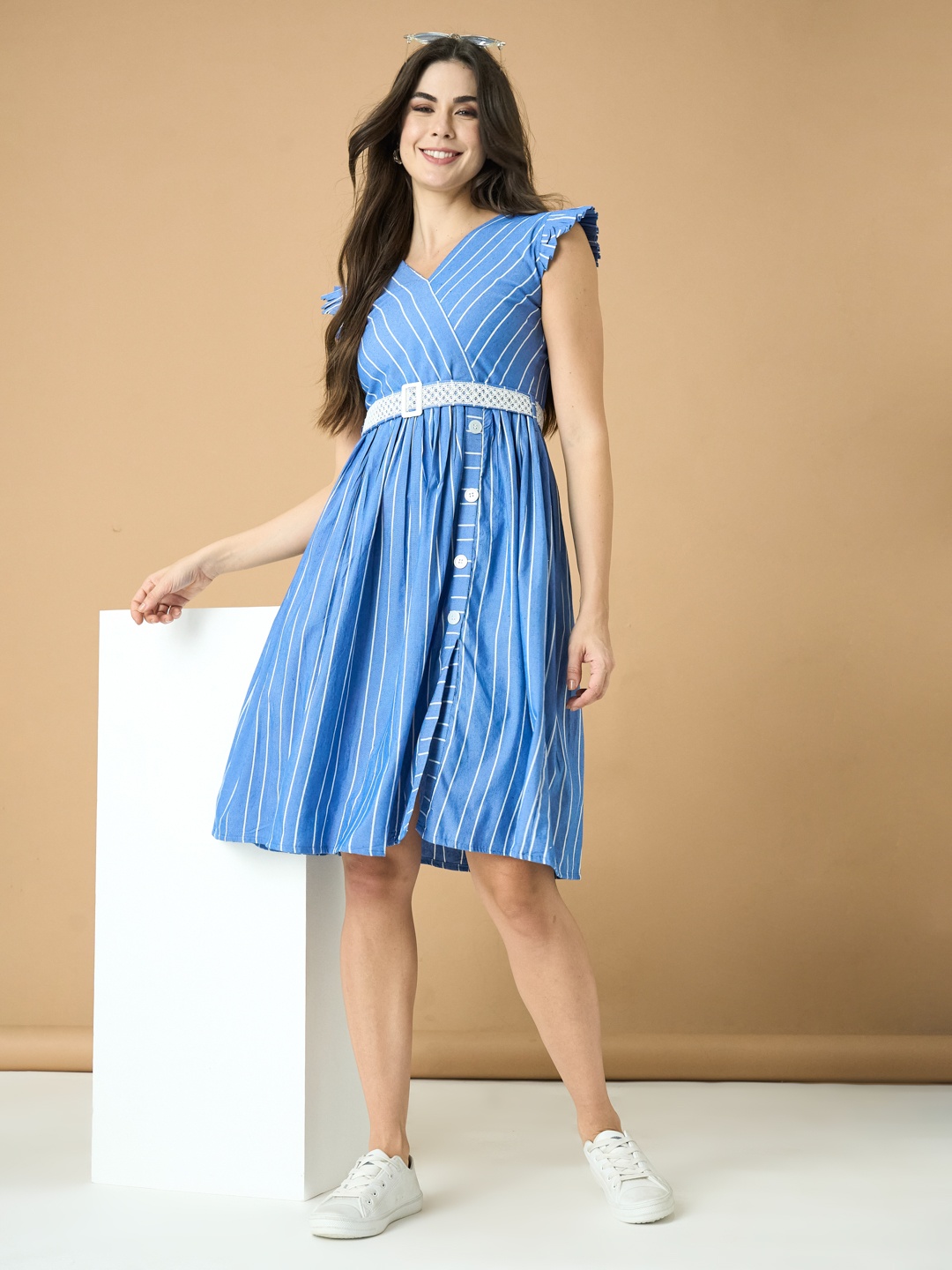 

YANAMORA Striped Flutter Sleeve Fit & Flare Dress, Blue