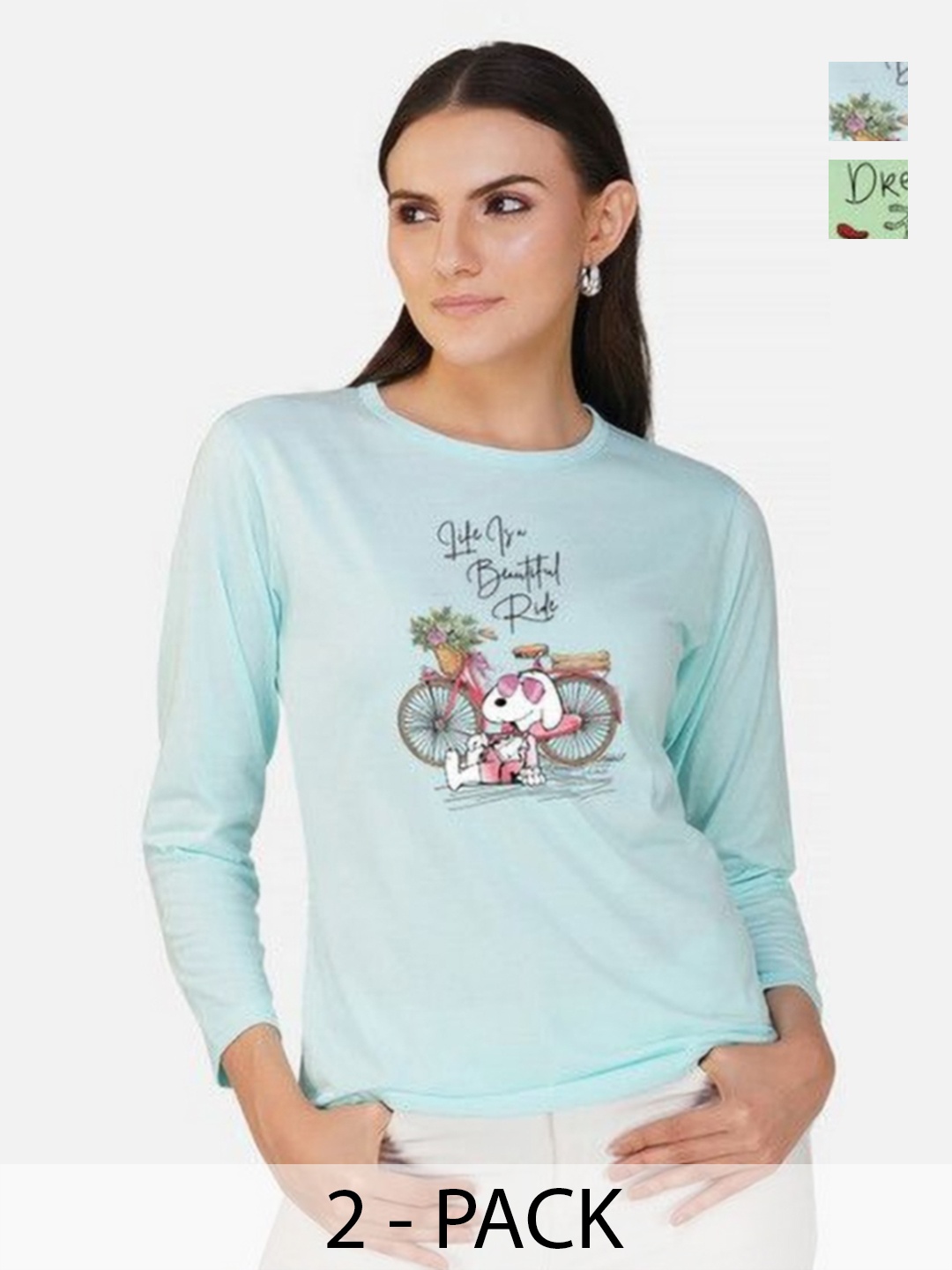 

Metronaut Women 2 Printed Bio Finish Applique T-shirt, Turquoise blue