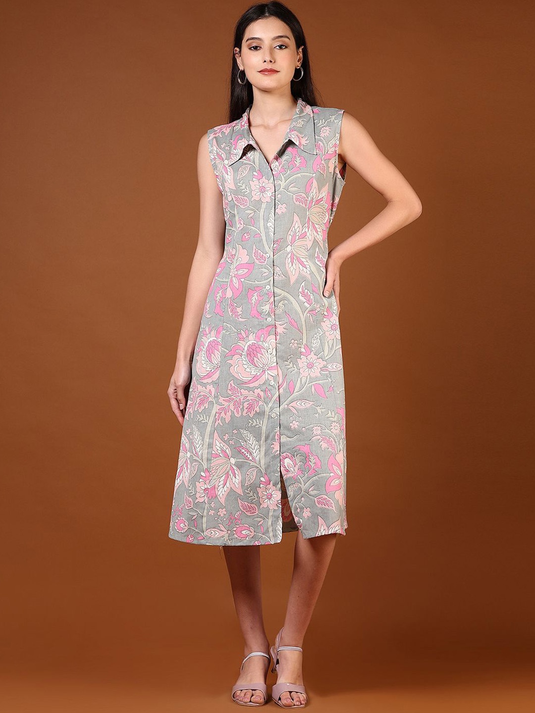 

V-Mart Ethnic Printed Shirt Collar Dress, Pink