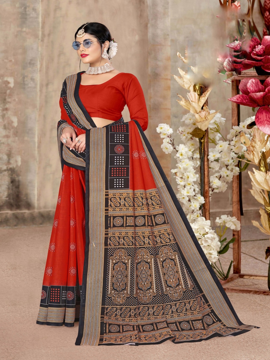 

pasapalli Ethnic Motifs Pure Cotton Bandhani Saree, Red