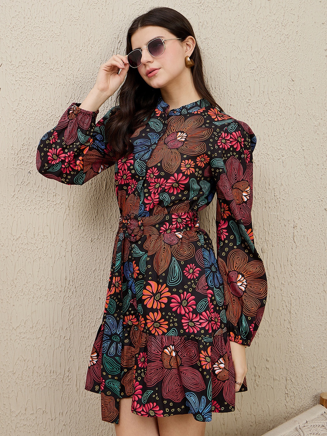 

ZUMMER Floral Print Puff Sleeve Shirt Dress, Black