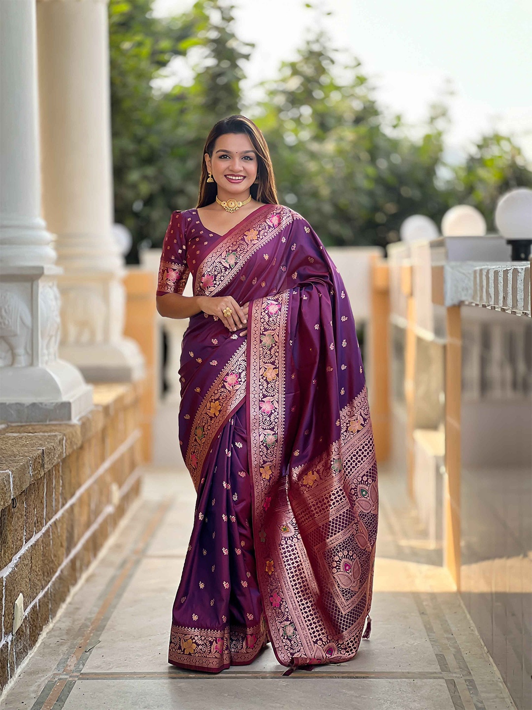 

ZIBLON Woven Design Zari Pure Silk Banarasi Saree, Purple