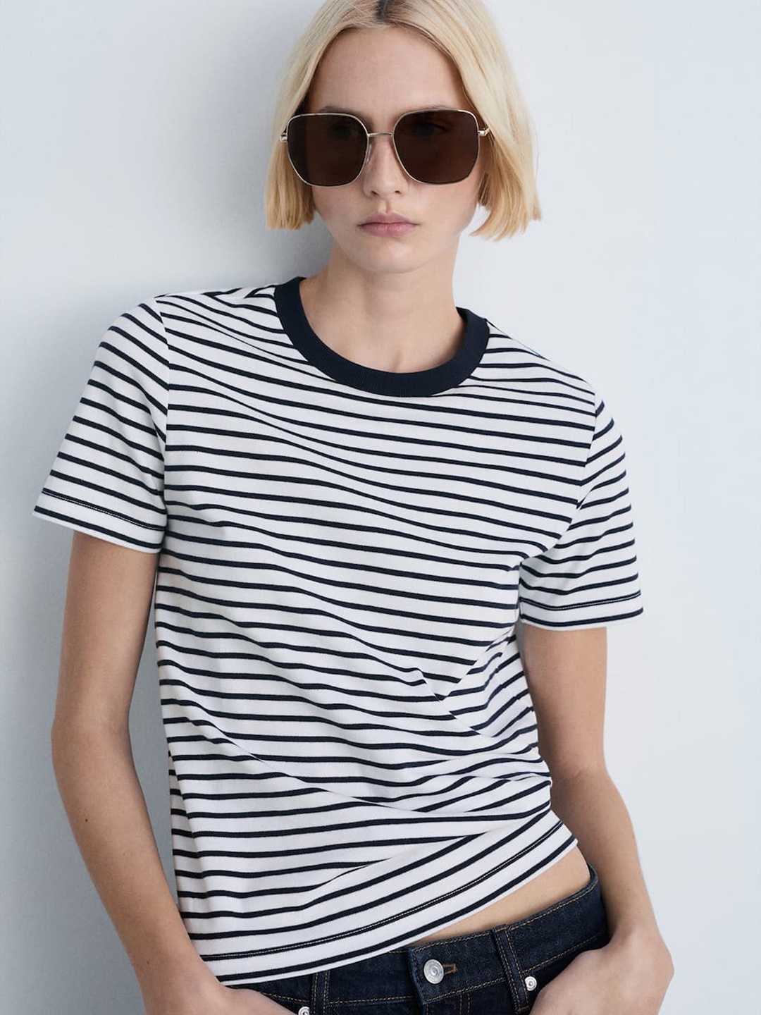 

MANGO Women Striped Pure Cotton T-shirt, Black