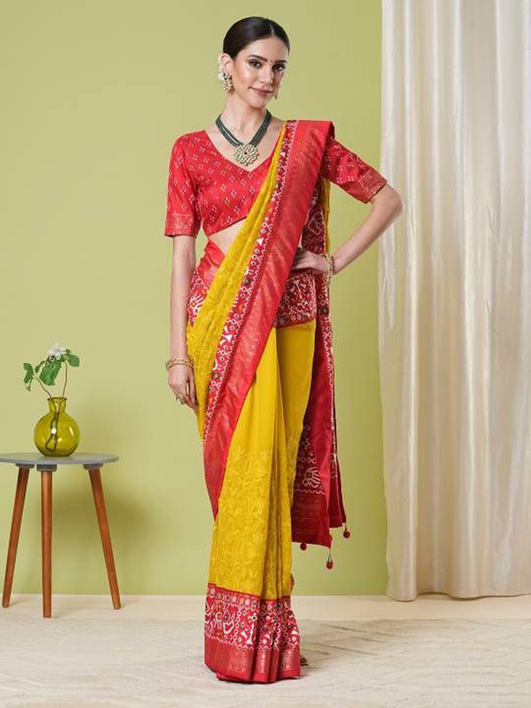 

HERE&NOW Woven Design Zari Pure Georgette Patola Saree, Yellow
