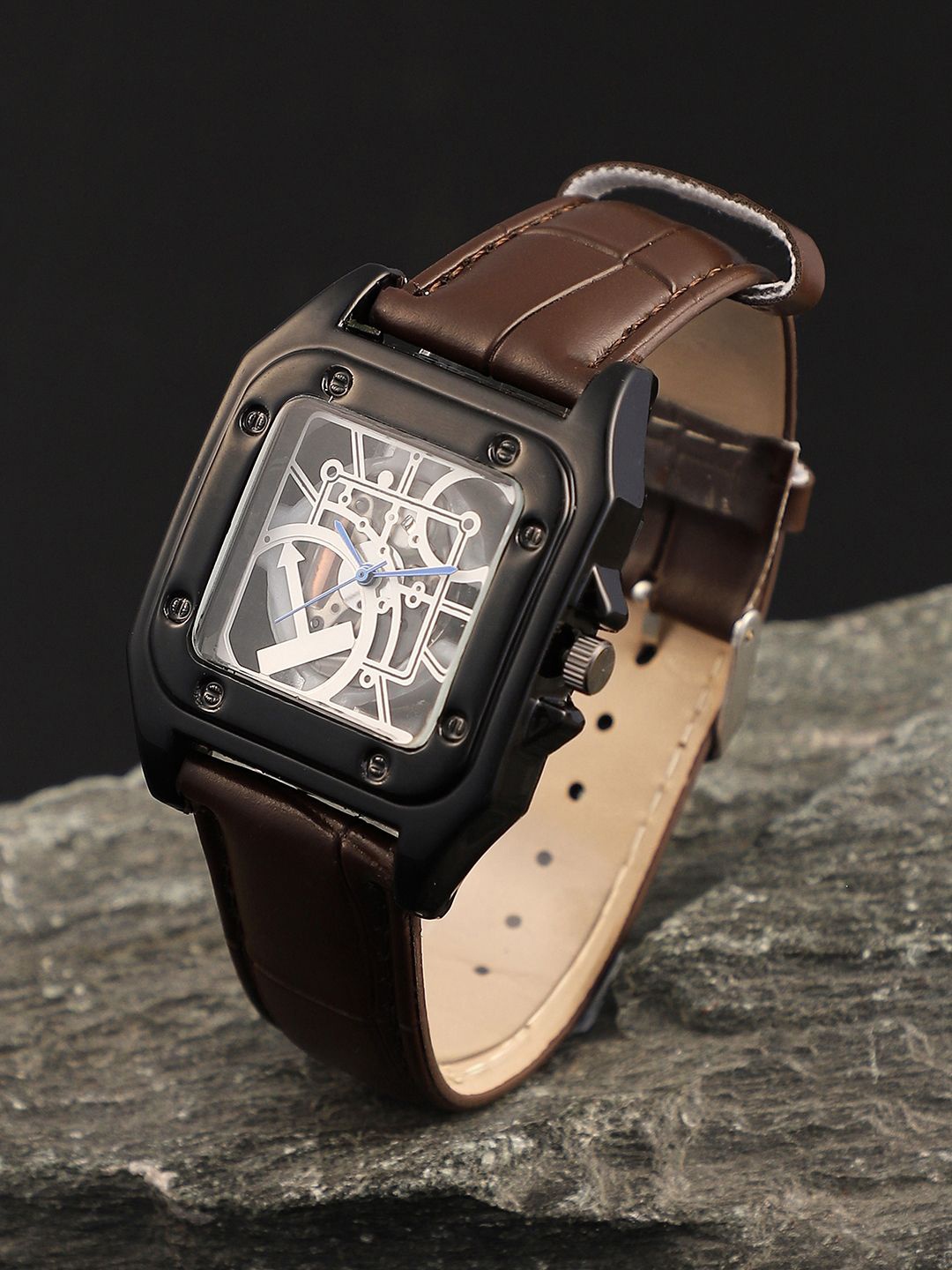 

French Accent Men Embellished Dial & Leather Bracelet Style Straps Analogue Watch SS25_FAWC1051, Brown