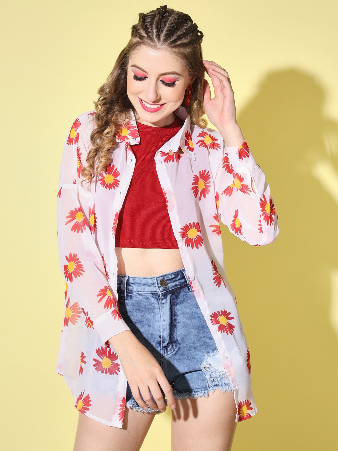 

DIMPY GARMENTS Women Comfort Boxy Floral Semi Sheer Printed Casual Shirt, Red