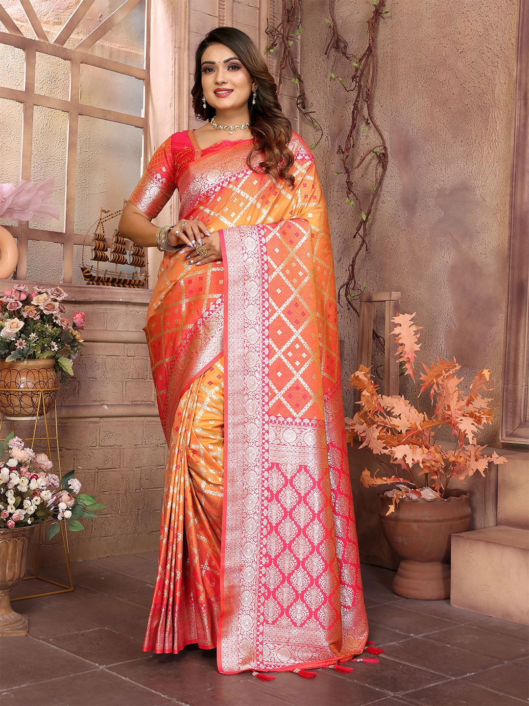 

Vintro Woven Design Zari Silk Blend Saree, Orange