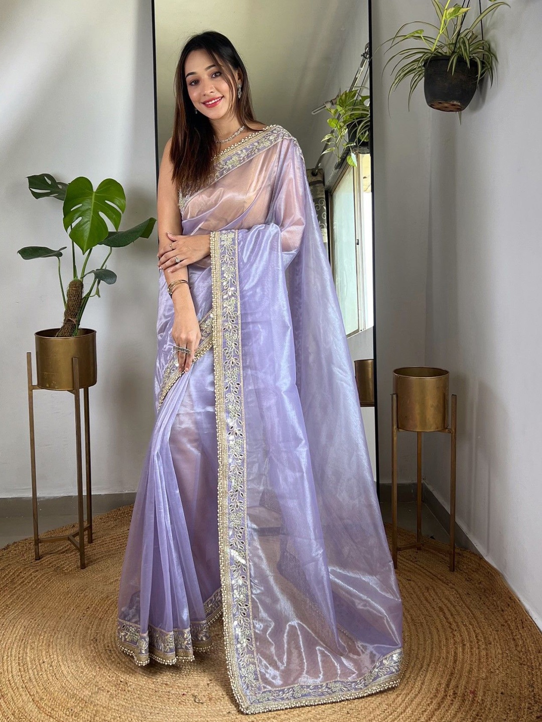 

Mitera Embellished Embroidered Tissue Saree, Lavender