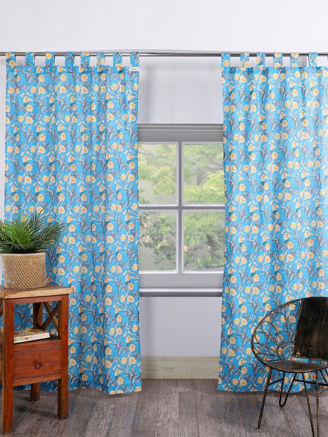 

HANDICRAFT PALACE Turquoise Blue & Yellow Set of 2 Floral Sheer Door Curtain