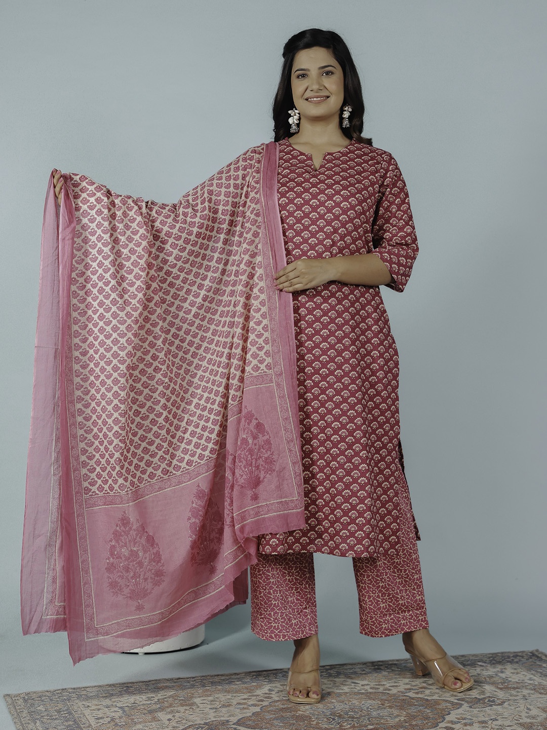 

Aramya Floral Printed Notch Neck Soft Cotton Straight Kurta With Trousers & Dupatta, Pink