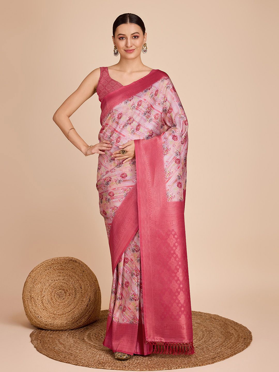 

Rangtulika Ethnics Woven Design Zari Silk Blend Kanjeevaram Saree, Peach