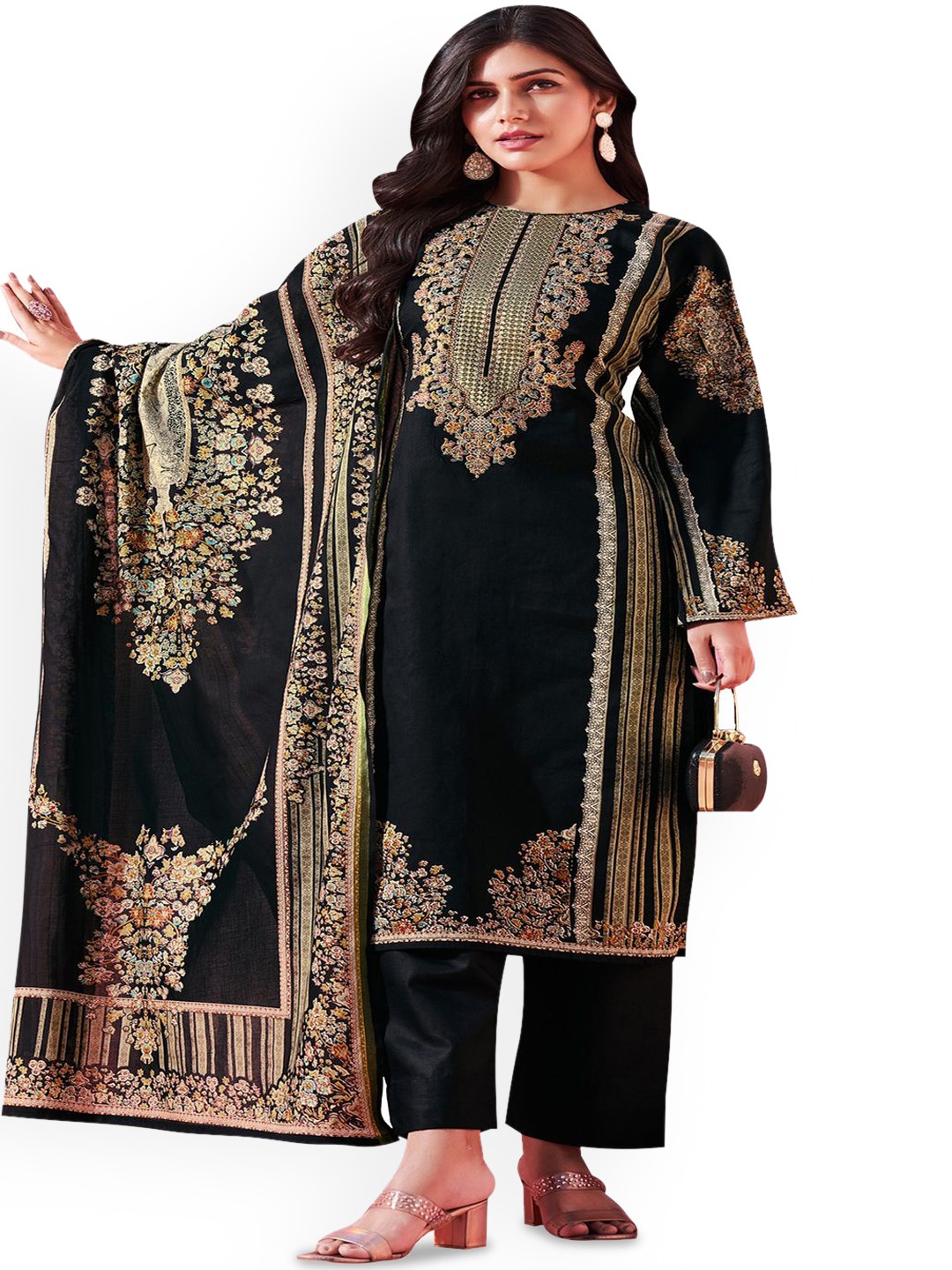 

DRAVINAM Trends Embroidered Pure Cotton Unstitched Dress Material, Black