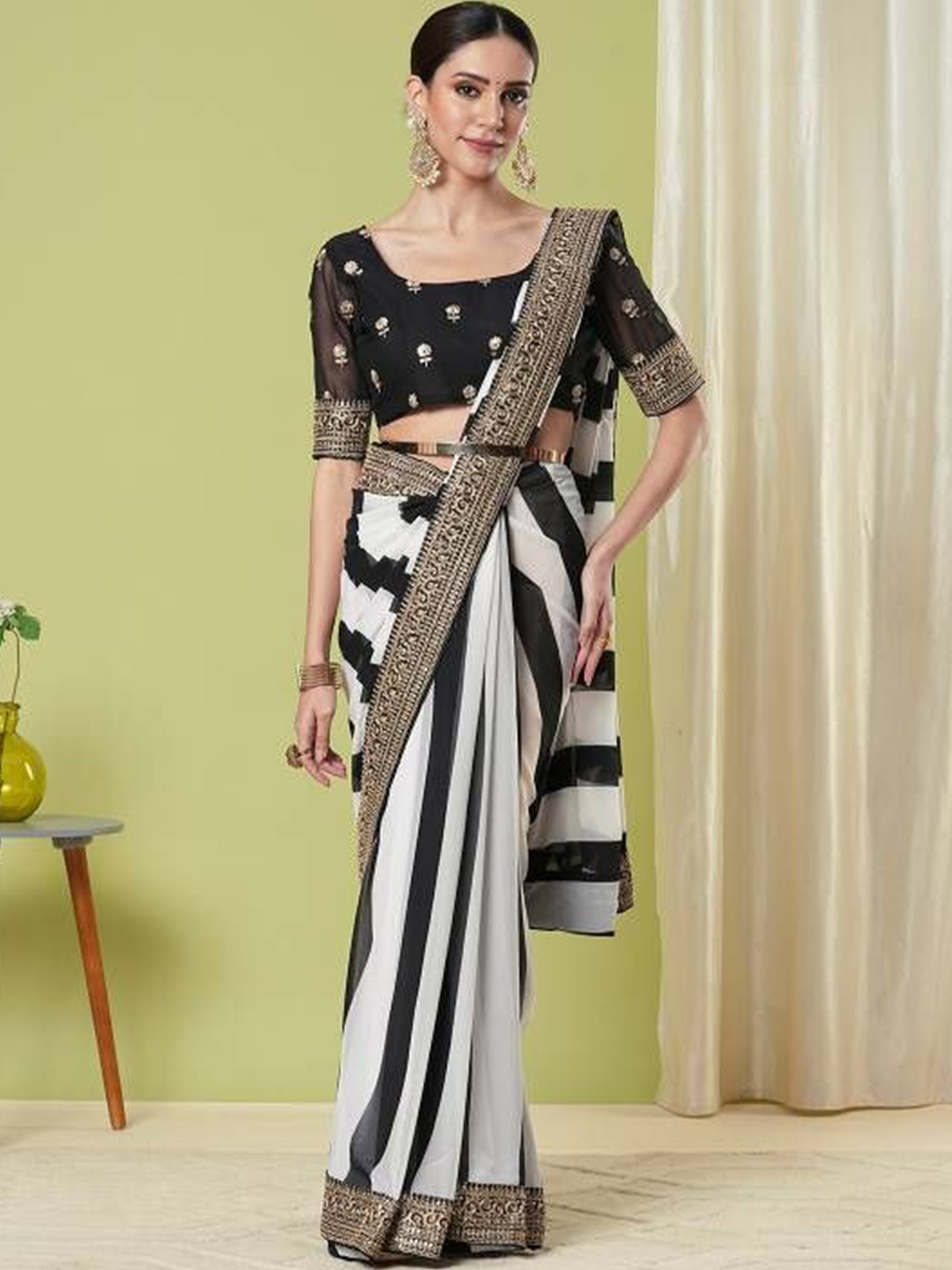 

HERE&NOW Striped Embroidered Pure Georgette Banarasi Saree, White