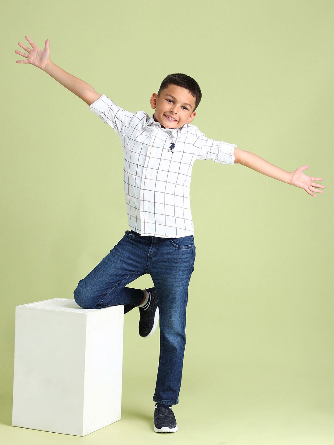 

U.S. Polo Assn. Kids Boys Windowpane Checked Pure Cotton Casual Shirt, White