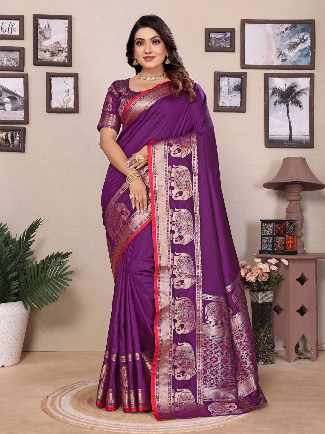 

DIVASTRI Woven Design Zari Silk Blend Saree, Purple