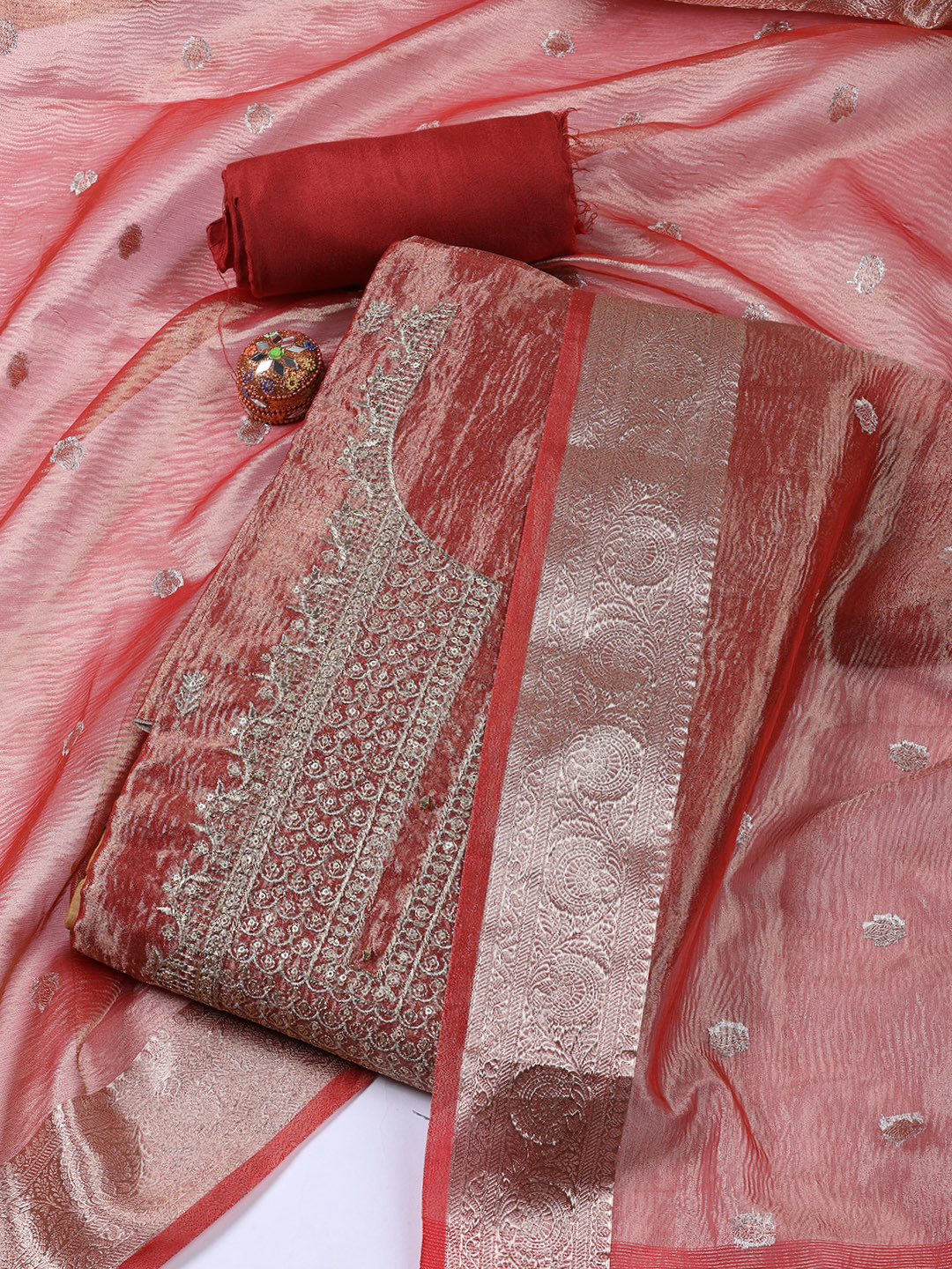 

Meena Bazaar Unstitched Dress Material, Peach