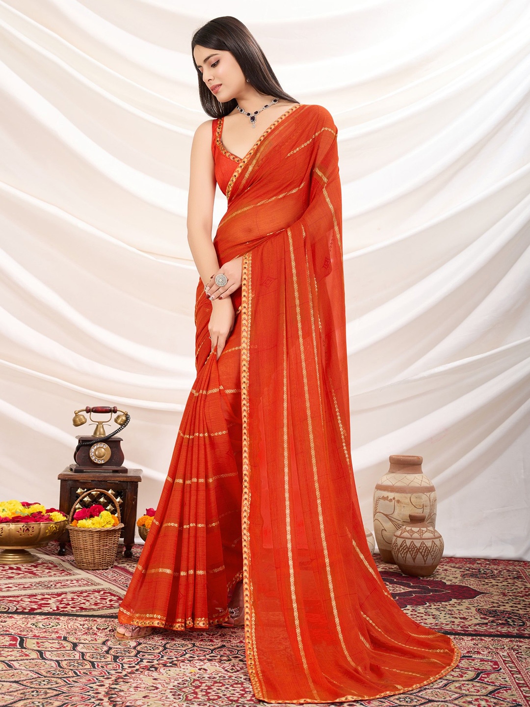 

Mitera Embellished Zari Poly Georgette Saree, Orange