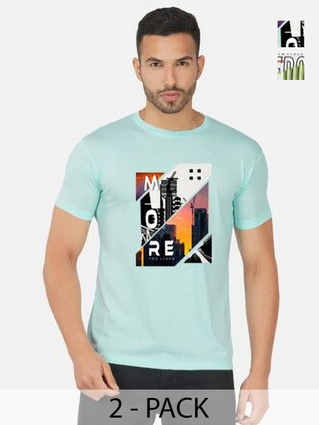 

GLOBAL NOMAD Men 2 Printed Bio Finish Applique T-shirt, Turquoise blue