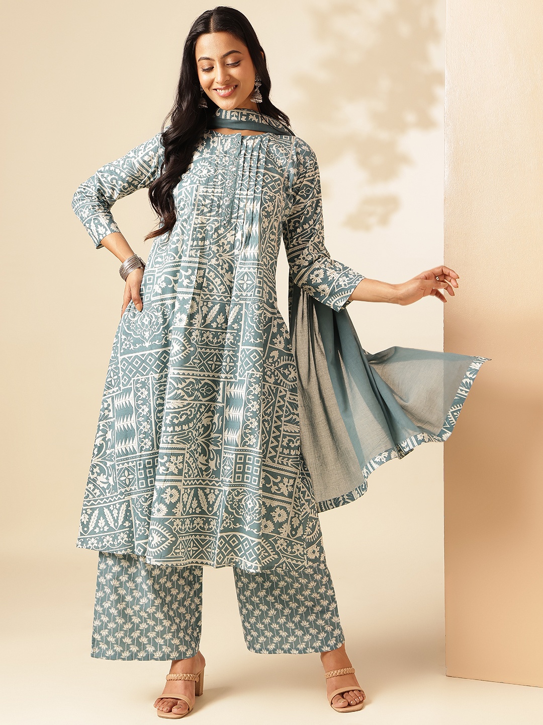 

Vbuyz Women Geometric Printed A-Line Cotton Stitched Kurta, Palazzo And Dupatta Sets, Blue
