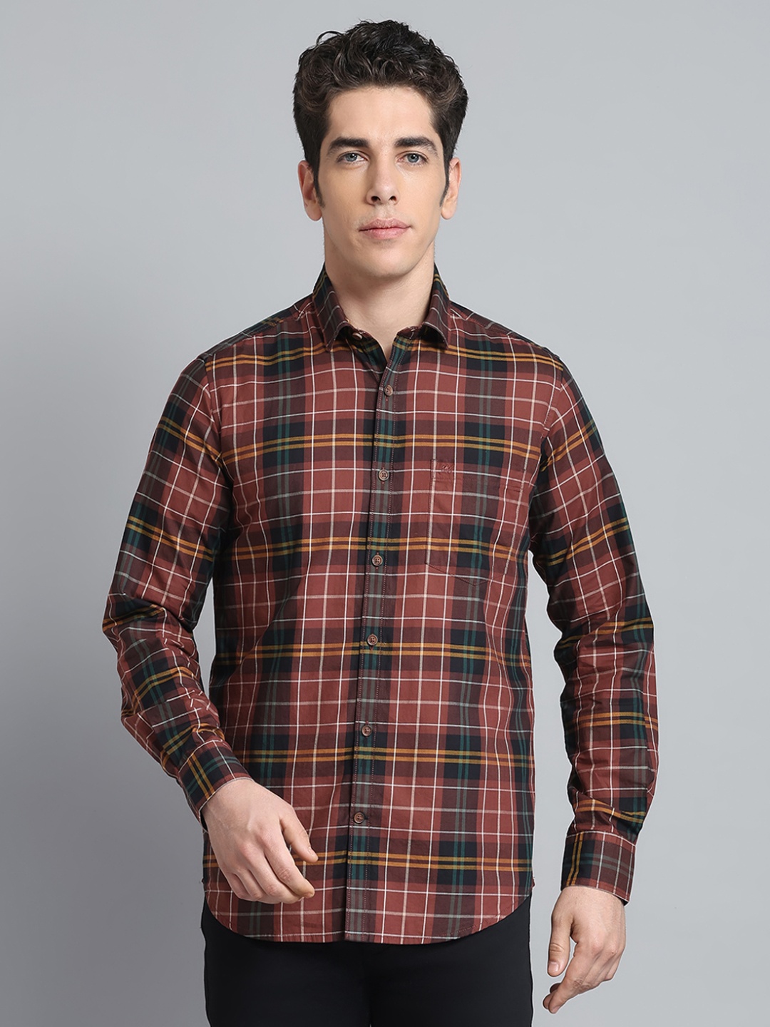 

Monte Carlo Men Tartan Checks Opaque Checked Casual Shirt, Brown