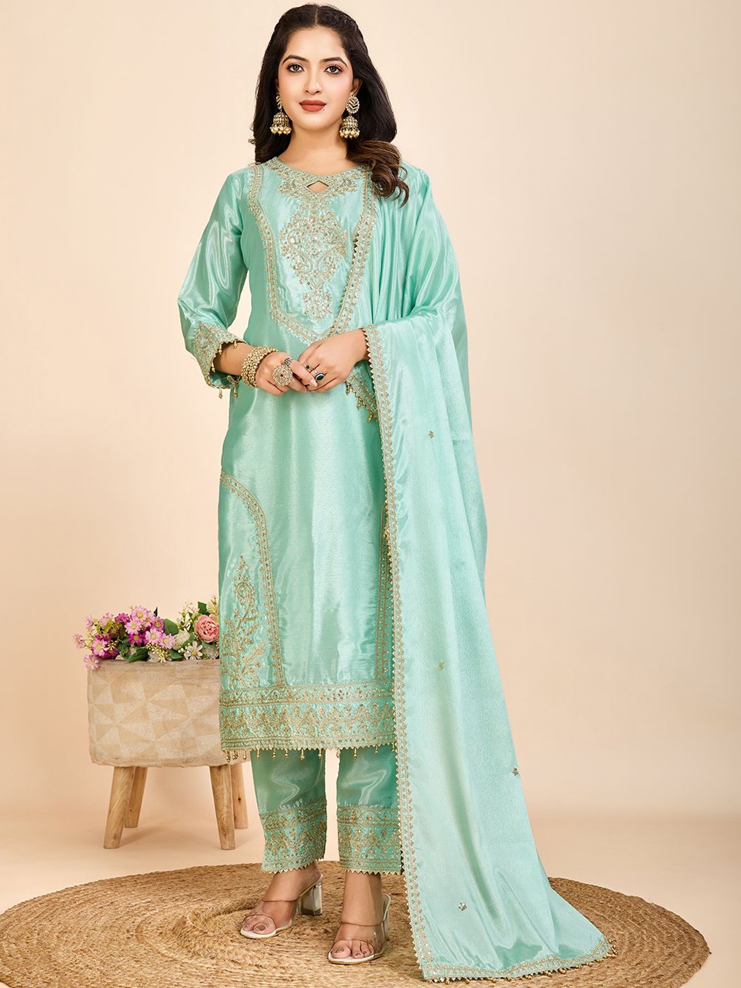 

AKSHARAM Women Floral Embroidered Regular Sequinned Kurta with Trousers & With Dupatta, Turquoise blue