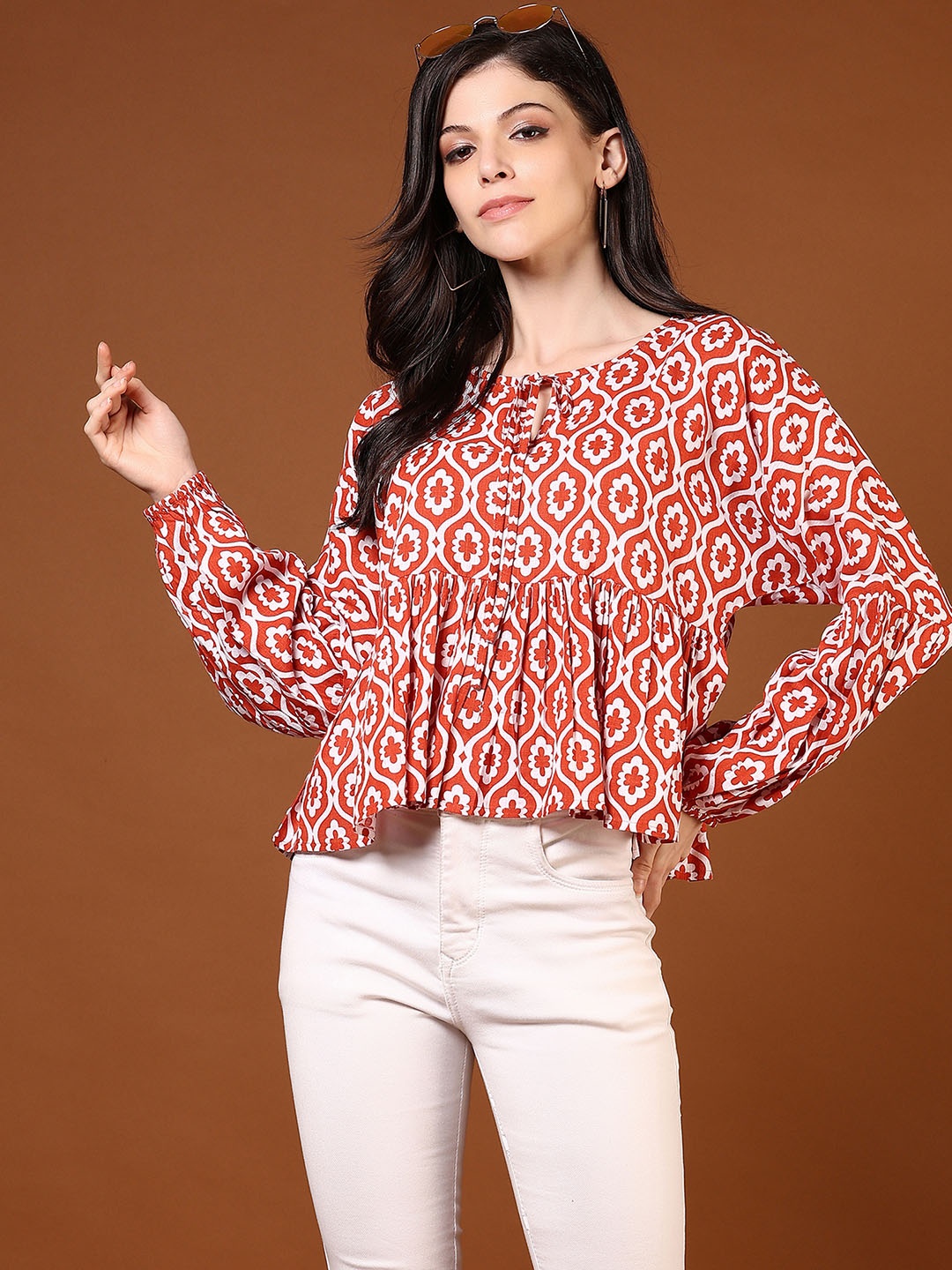 

V-Mart Geometric Print Keyhole Neck Flutter Sleeve Cotton Top, Brown