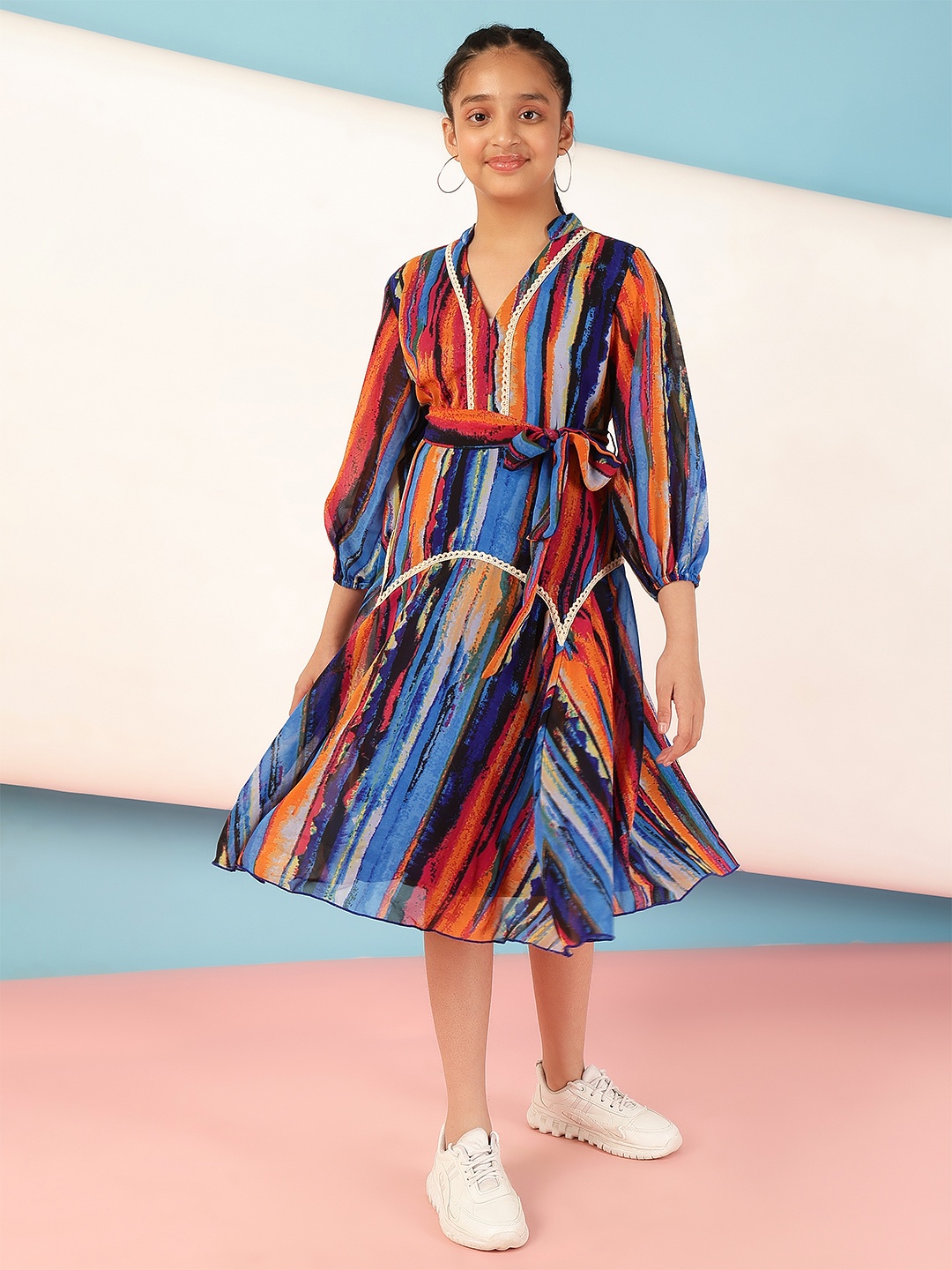 

Antheaa Striped Puff Sleeve Chiffon Shirt Midi Dress, Peach