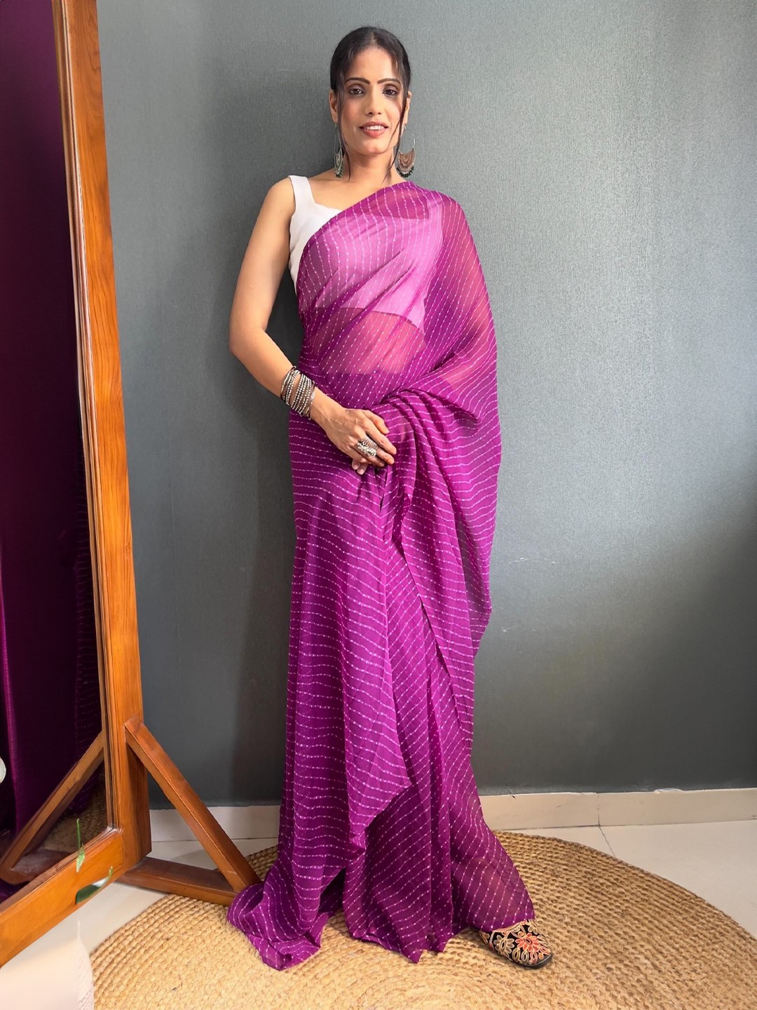 

Moda Rapido Striped Pure Georgette Ready to Wear Saree, Burgundy