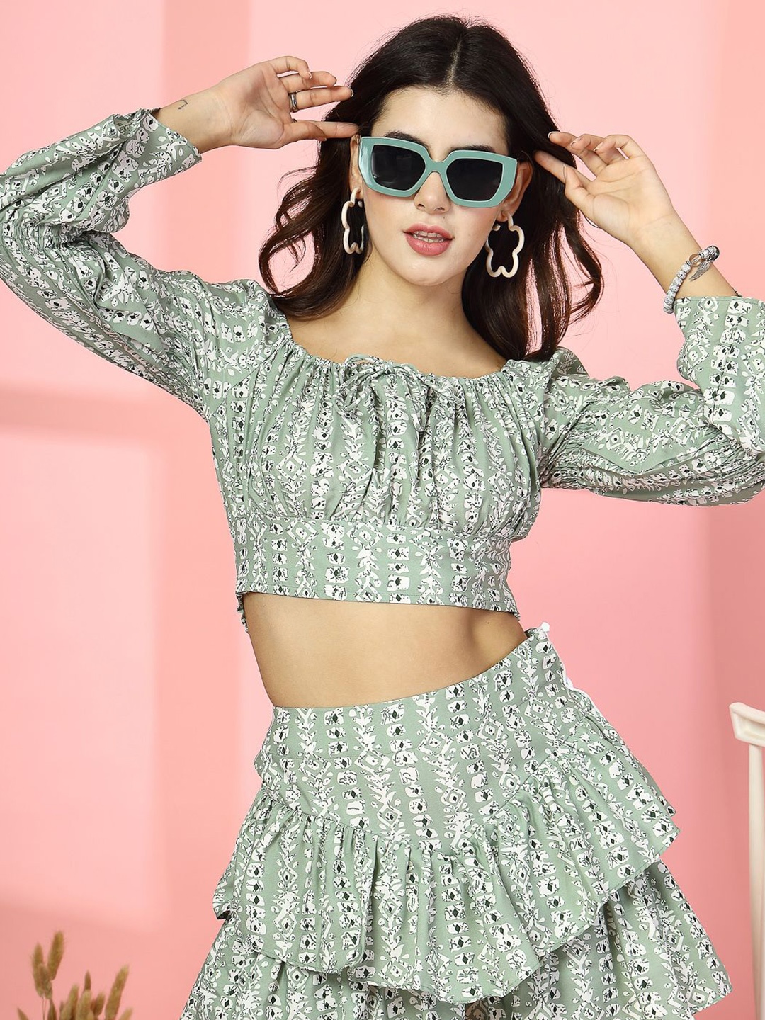 

DressBerry Floral Print Crepe Crop Top, Green