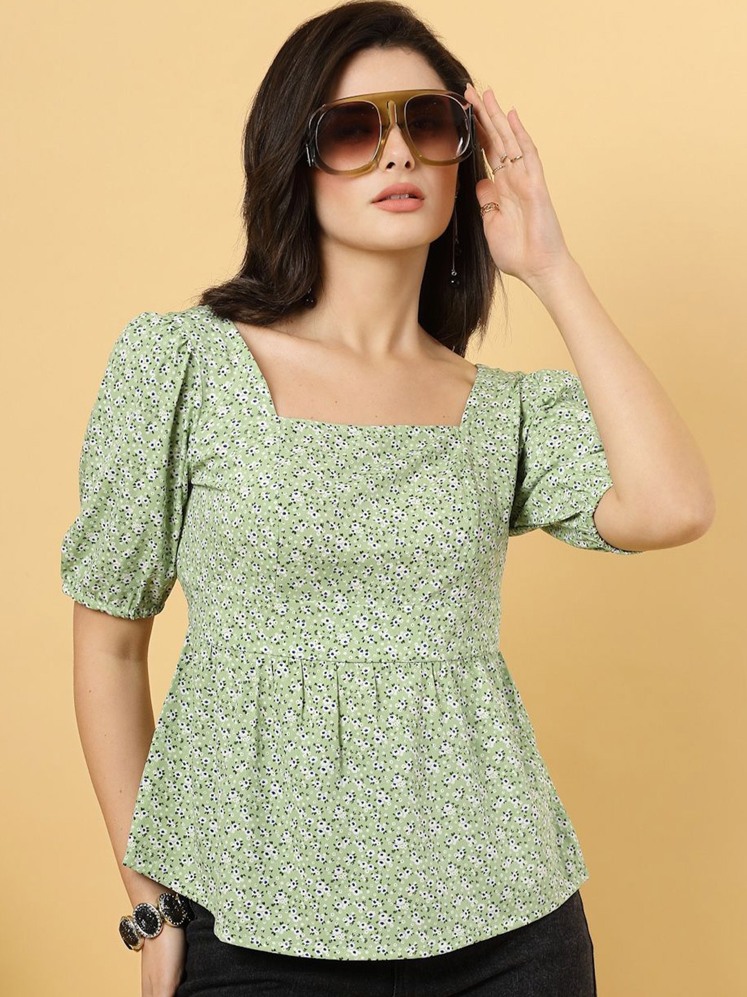

RAASSIO Floral Print Puff Sleeve Crepe Blouson Top, Green