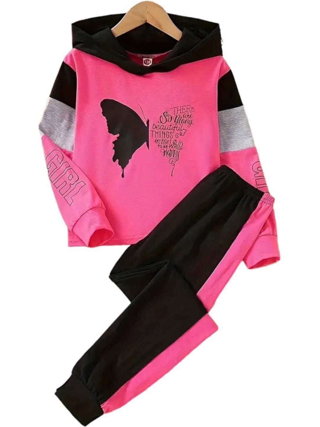 

KEESOR Girls Printed Hooded Sweatshirt With Joggers, Rose