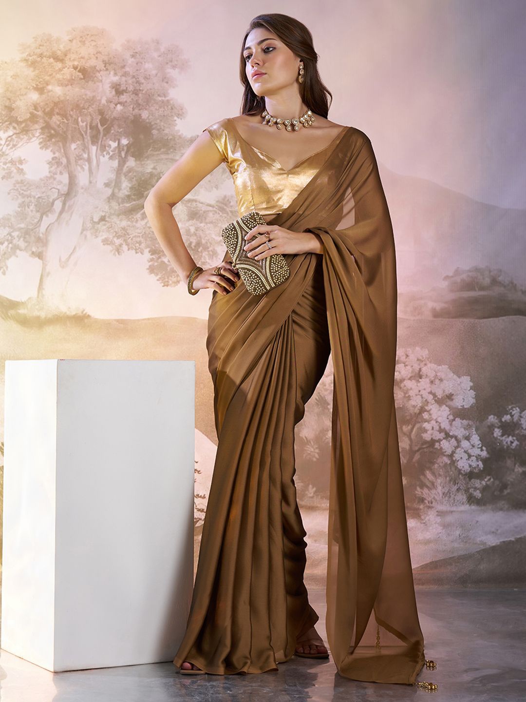 

modeva Pure Chiffon Ready to Wear Saree, Brown