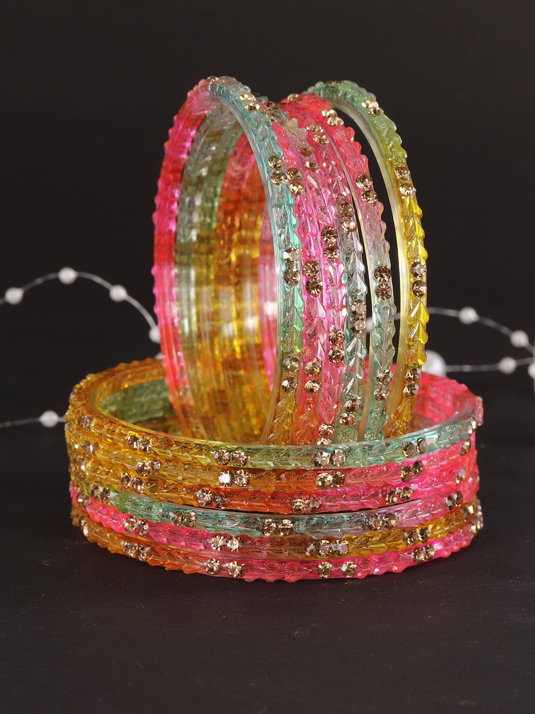 

LAVAZZA Set Of 12 Crystal Studded Glass Bangles, Gold