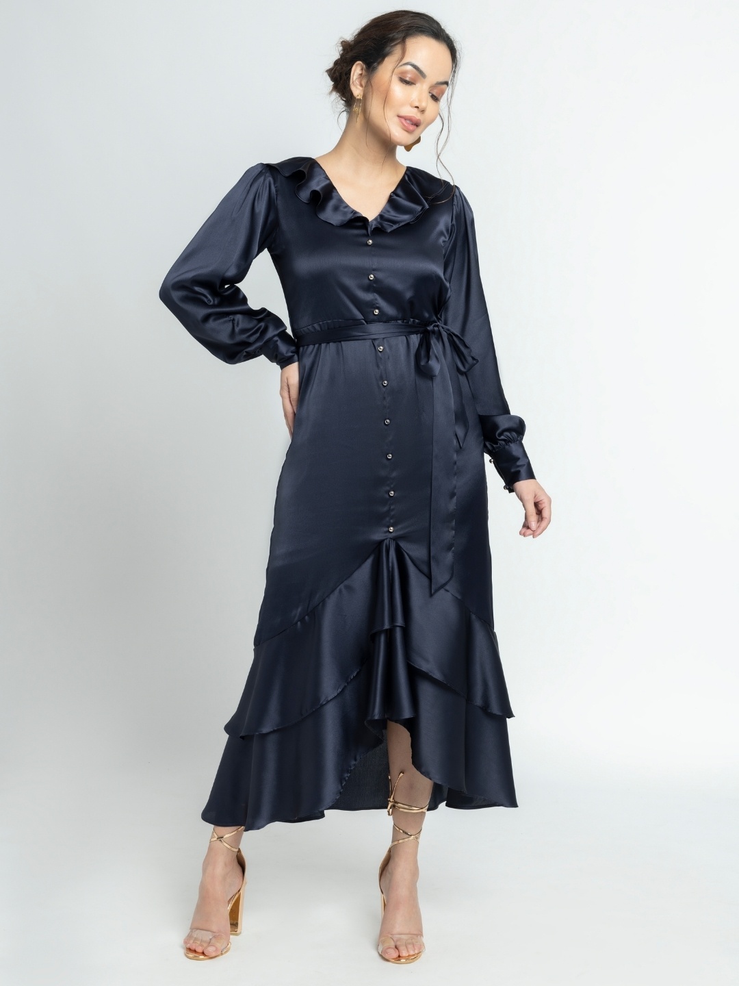 

JULO Satin A-Line Midi Dress, Navy blue