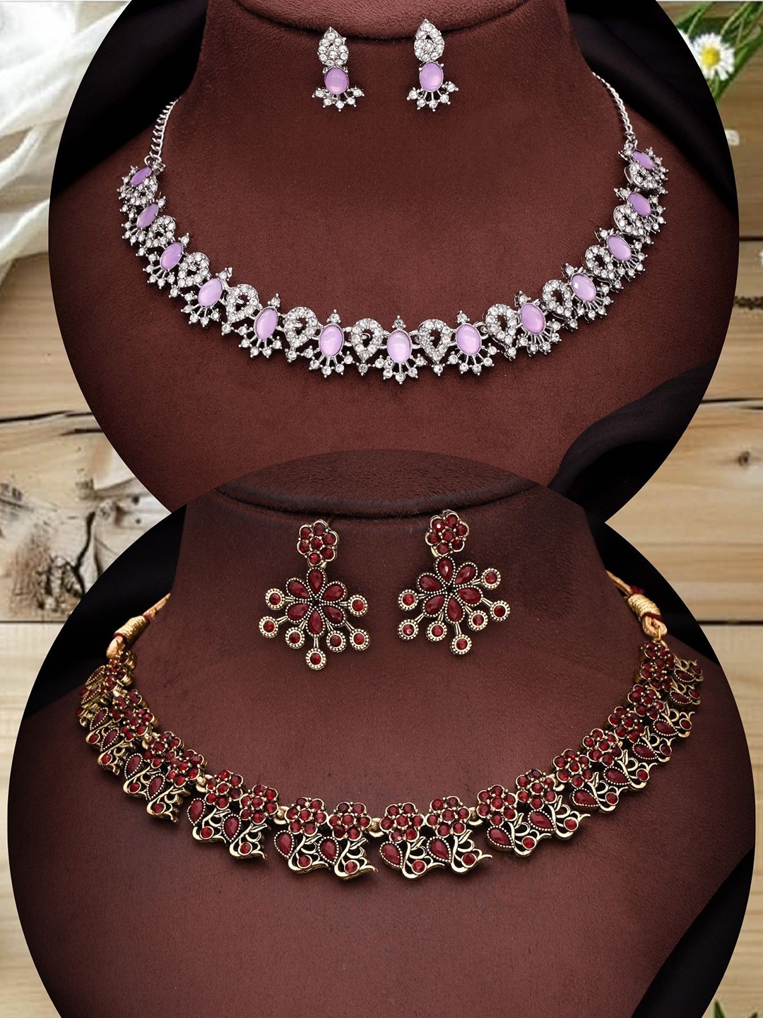 

DIVASTRI Set Of 2 Gold & Silver-Plated AD-Studded Jewellery Set