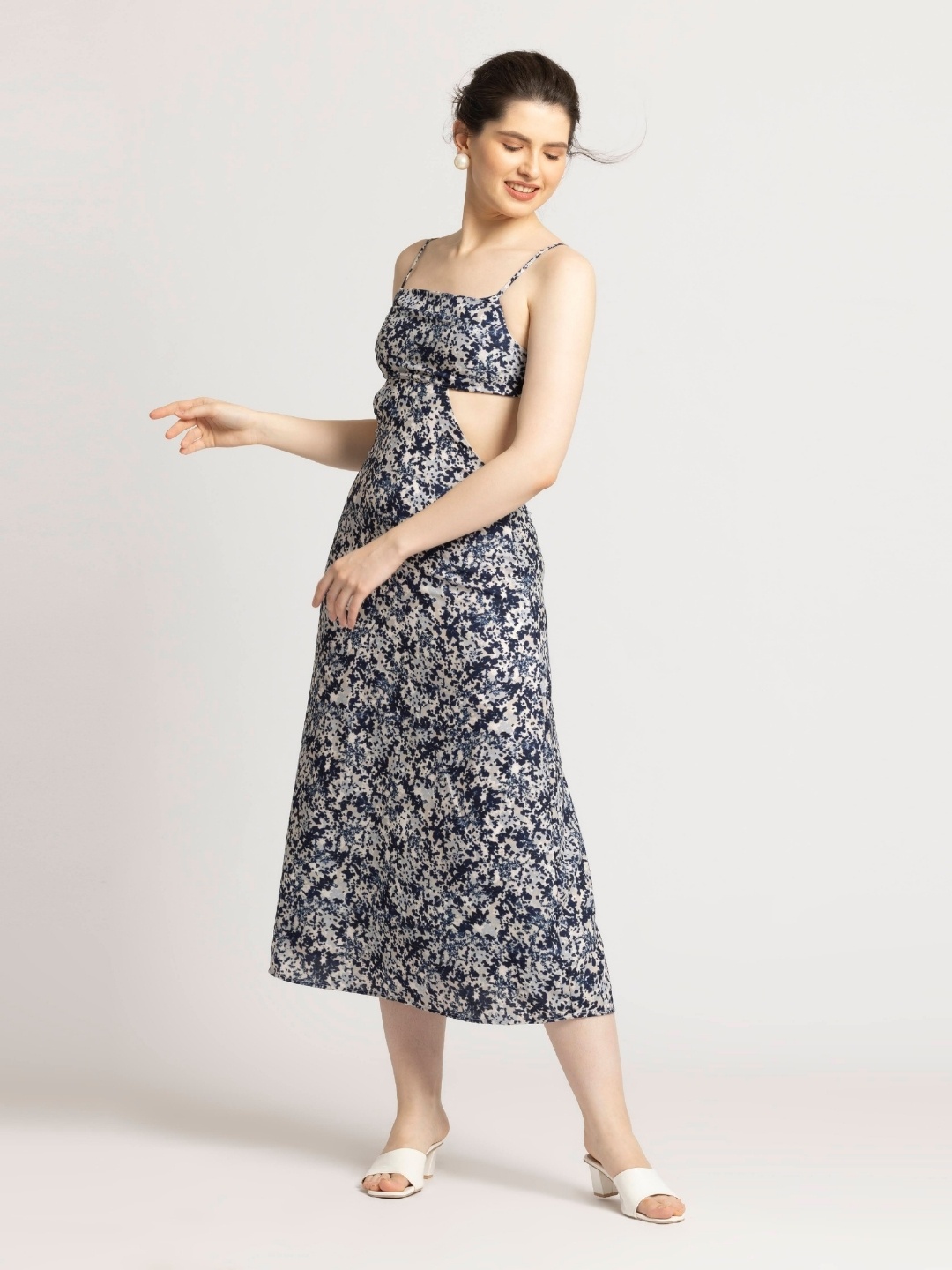 

JULO Print Cowl Neck Fit & Flare Midi Dress, Blue