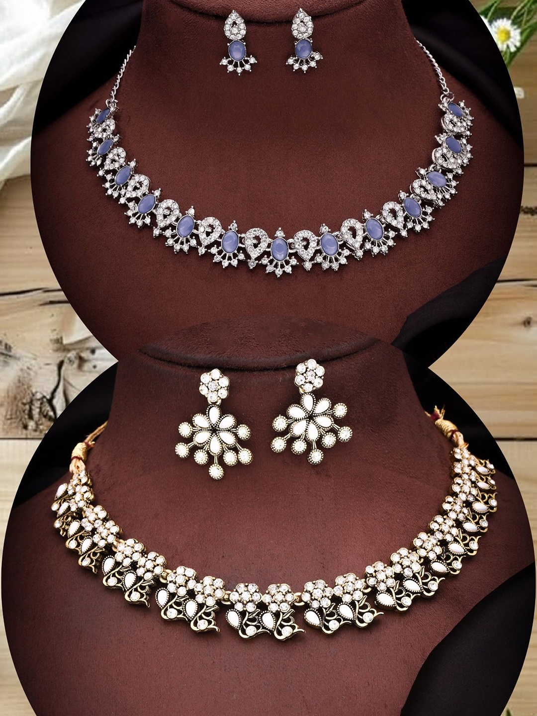 

DIVASTRI Set Of 2 Silver-Plated American Diamond Studded Jewellery Set, Gold
