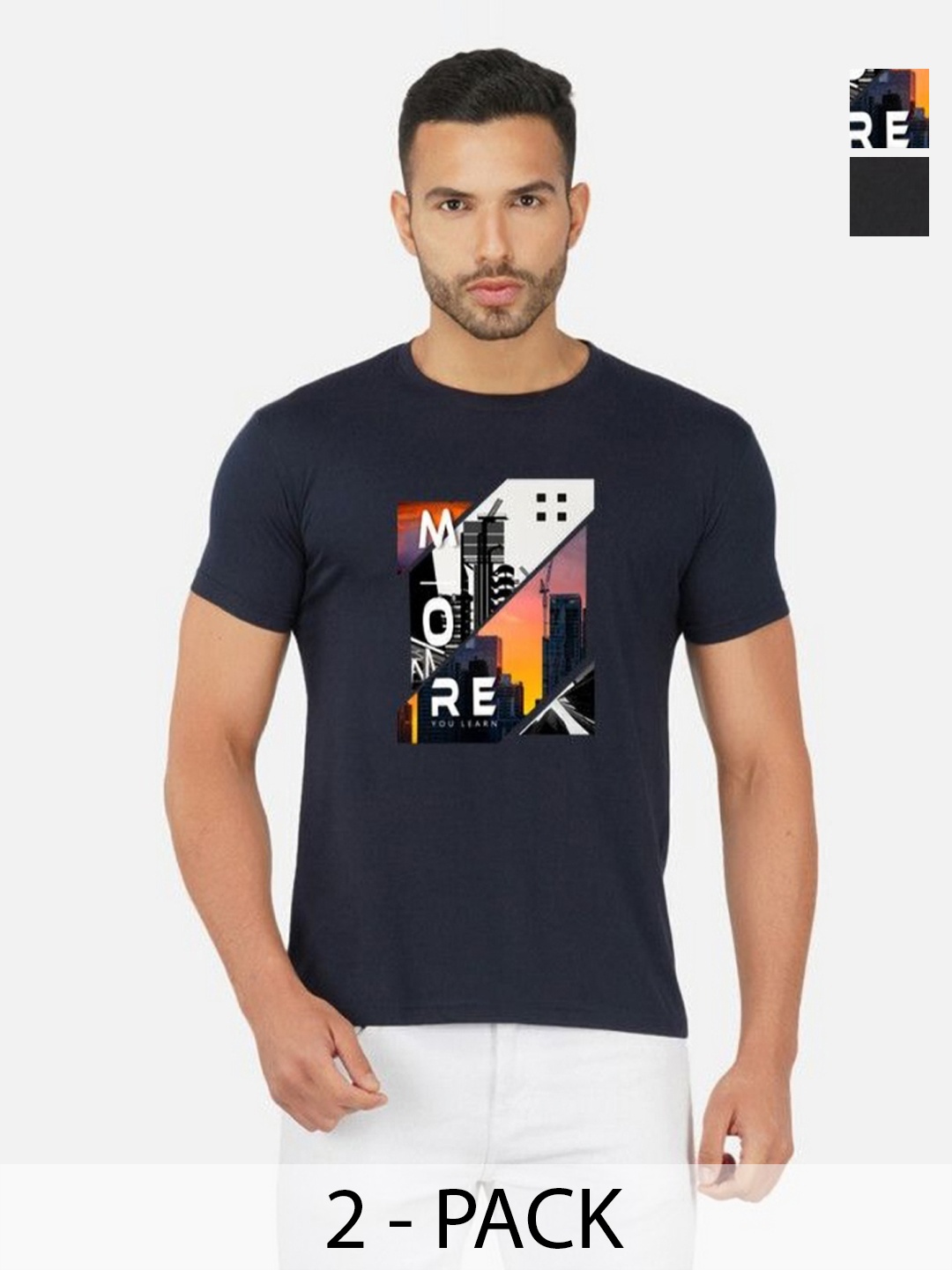 

GLOBAL NOMAD Men 2 Printed Bio Finish Applique T-shirt, Navy blue