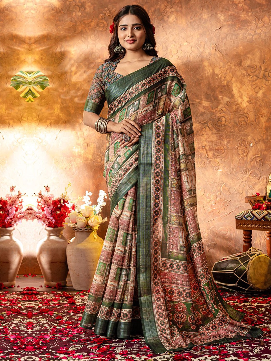 

Saree mall Ethnic Motifs Zari Linen Blend Block Print Sarees, Green