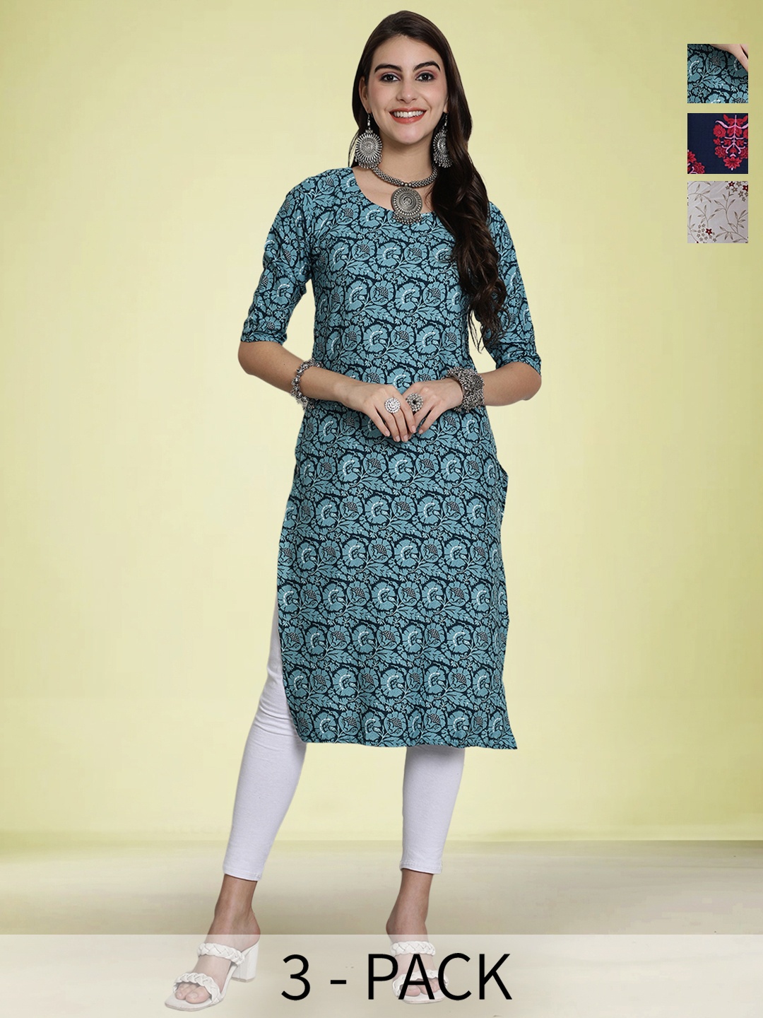 

Moda Rapido Selection Of 3 Floral Printed Round Neck Straight Kurtas, Blue