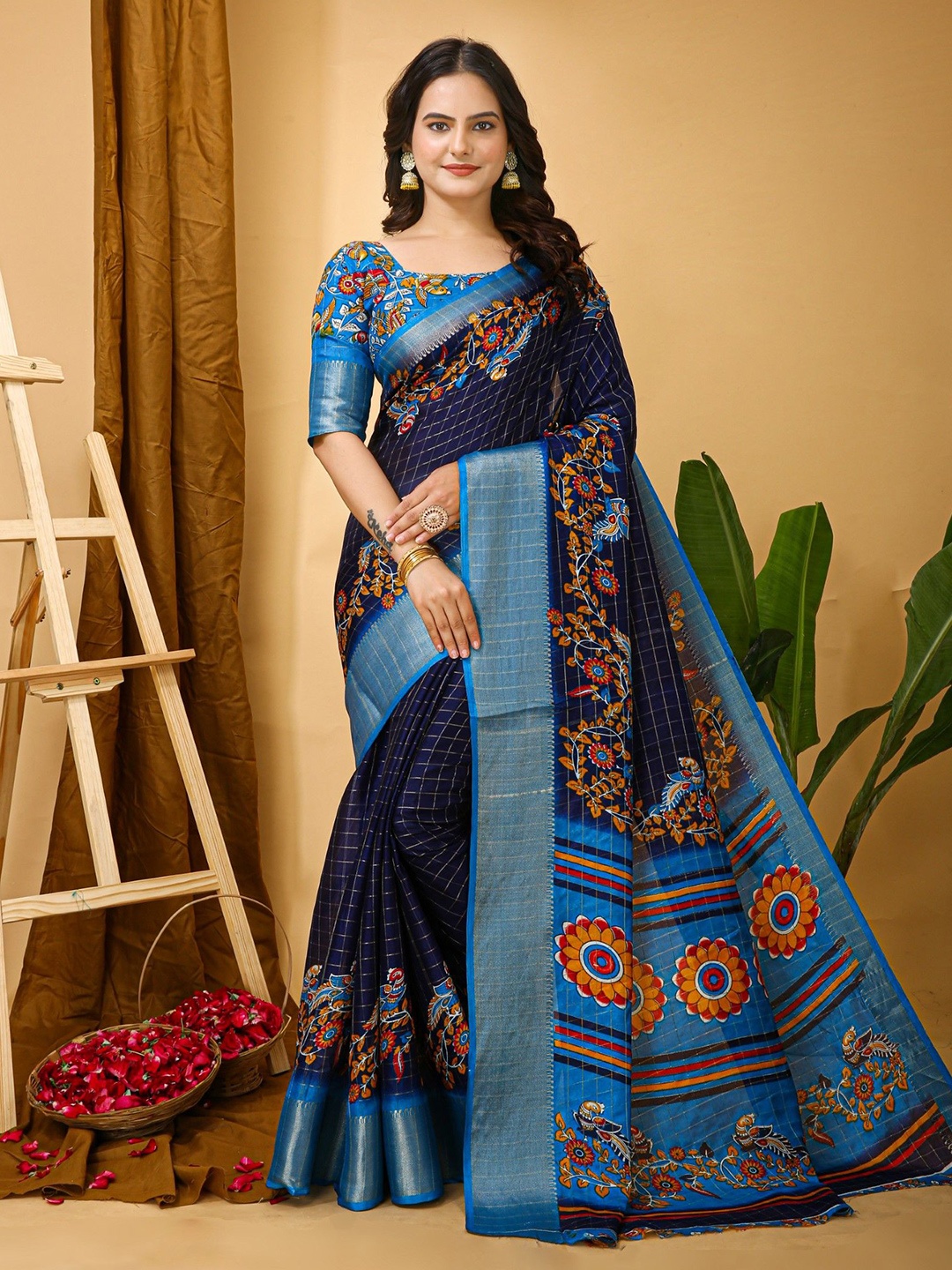 

Rangtulika Ethnics Kalamkari Zari Saree, Navy blue