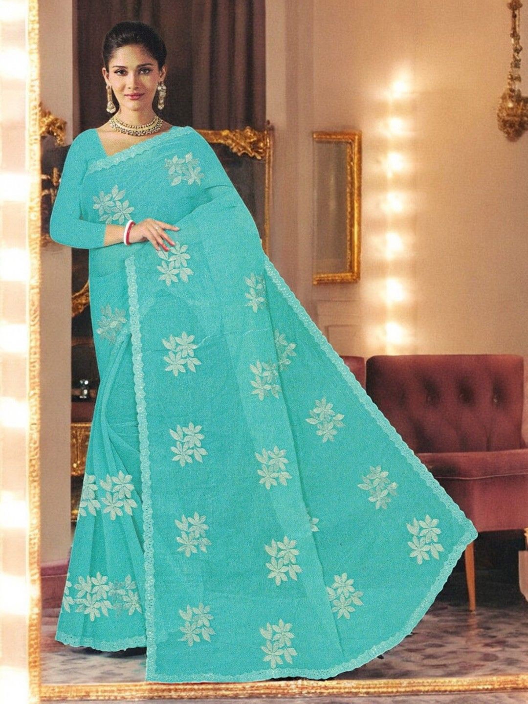 

SHOPPKEE Floral Mirror Work Supernet Chanderi Saree, Blue