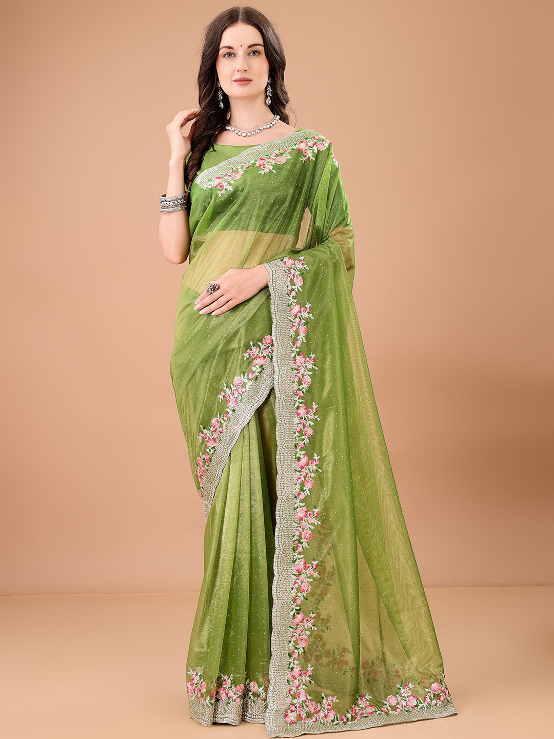 

devkison Designer Floral Embroidered Net Saree, Fluorescent green