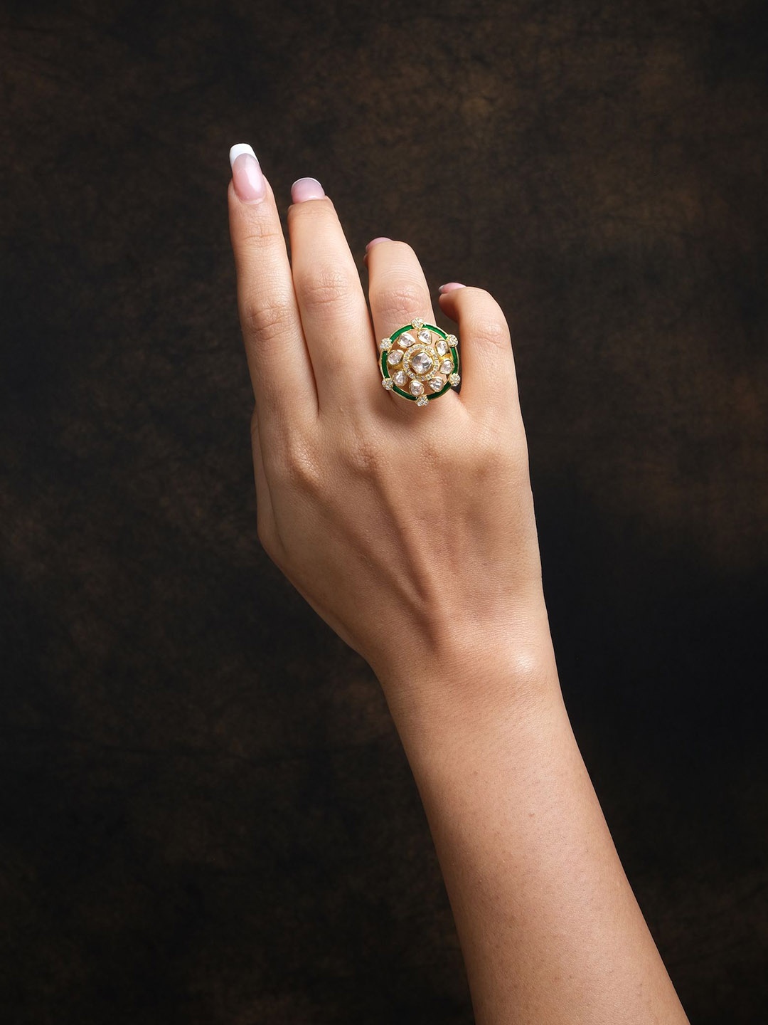 

Sica Jewellery Gold-Plated Kundan-Studded Moissanite Polki Orchid Finger Ring