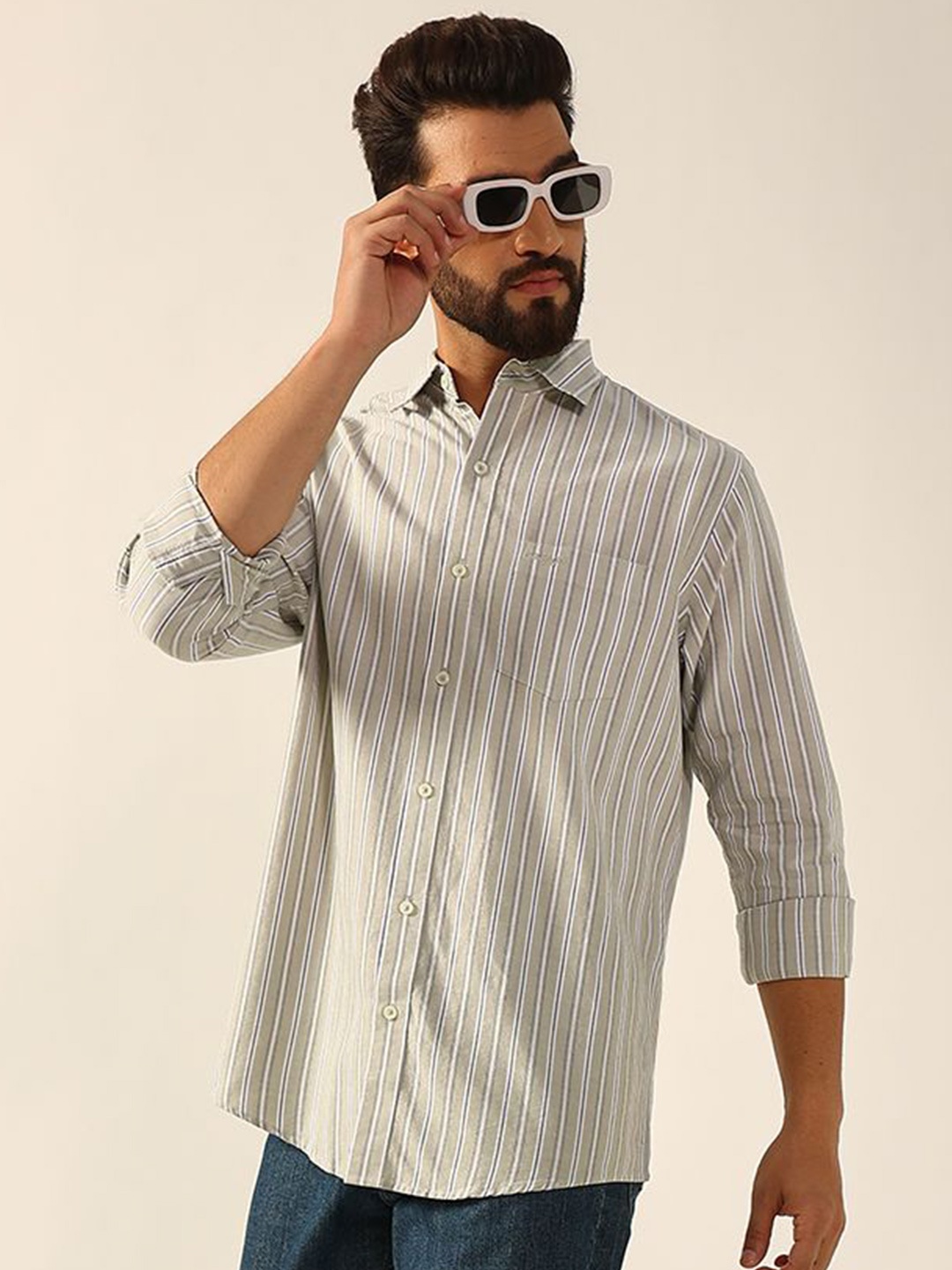 

ENSPYR Men Opaque Striped Casual Shirt, Sea green