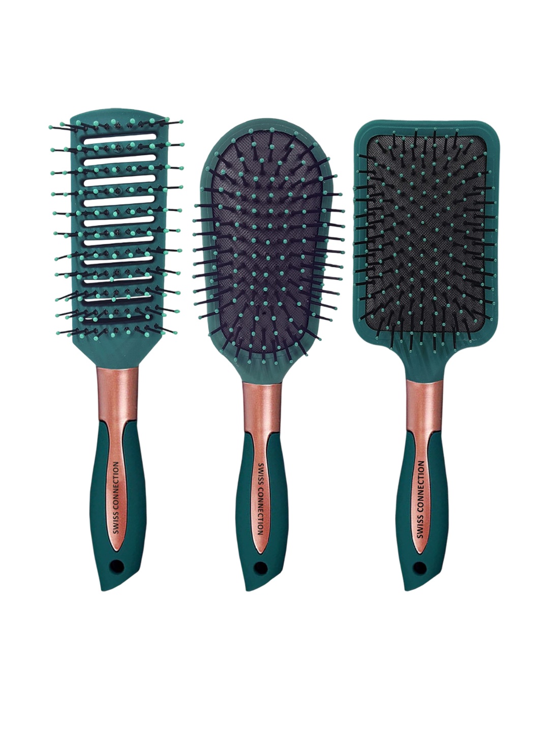 

Swiss Connection Set Of 3 All Purpose Premium Vented & Velvet Styling & Paddle Hair Brush, Green