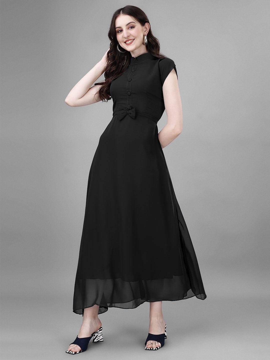 

Jash Creation Applique Georgette Fit & Flare Maxi Dress, Black