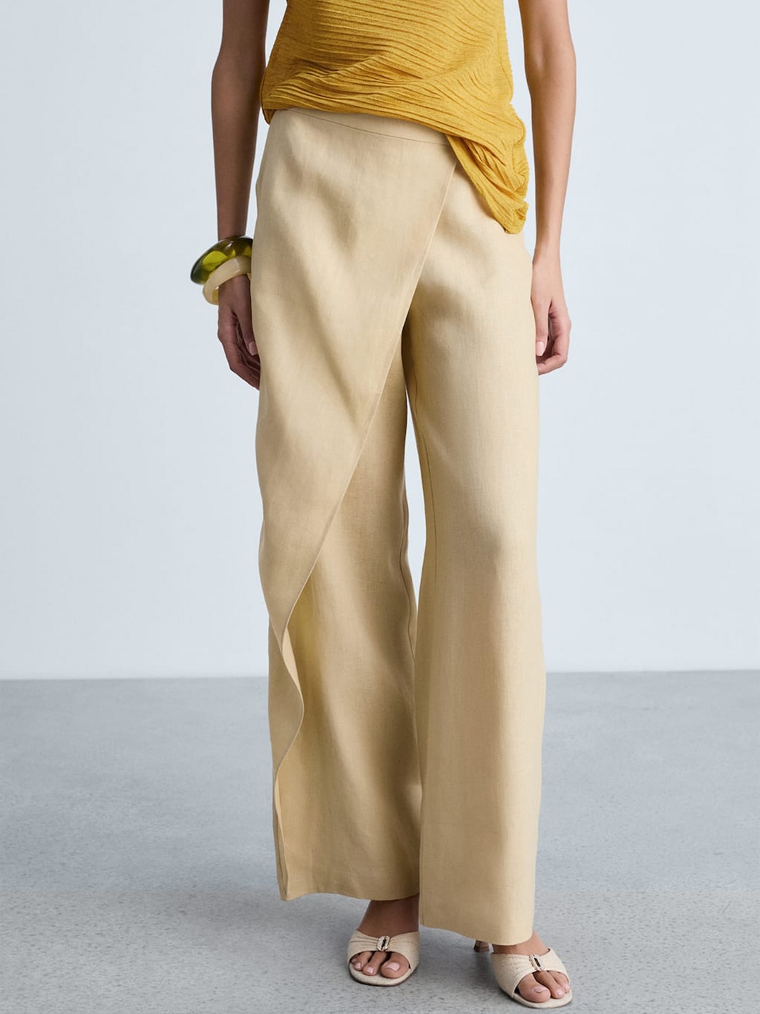 

MANGO Women Pure Linen Layered Trousers, Beige