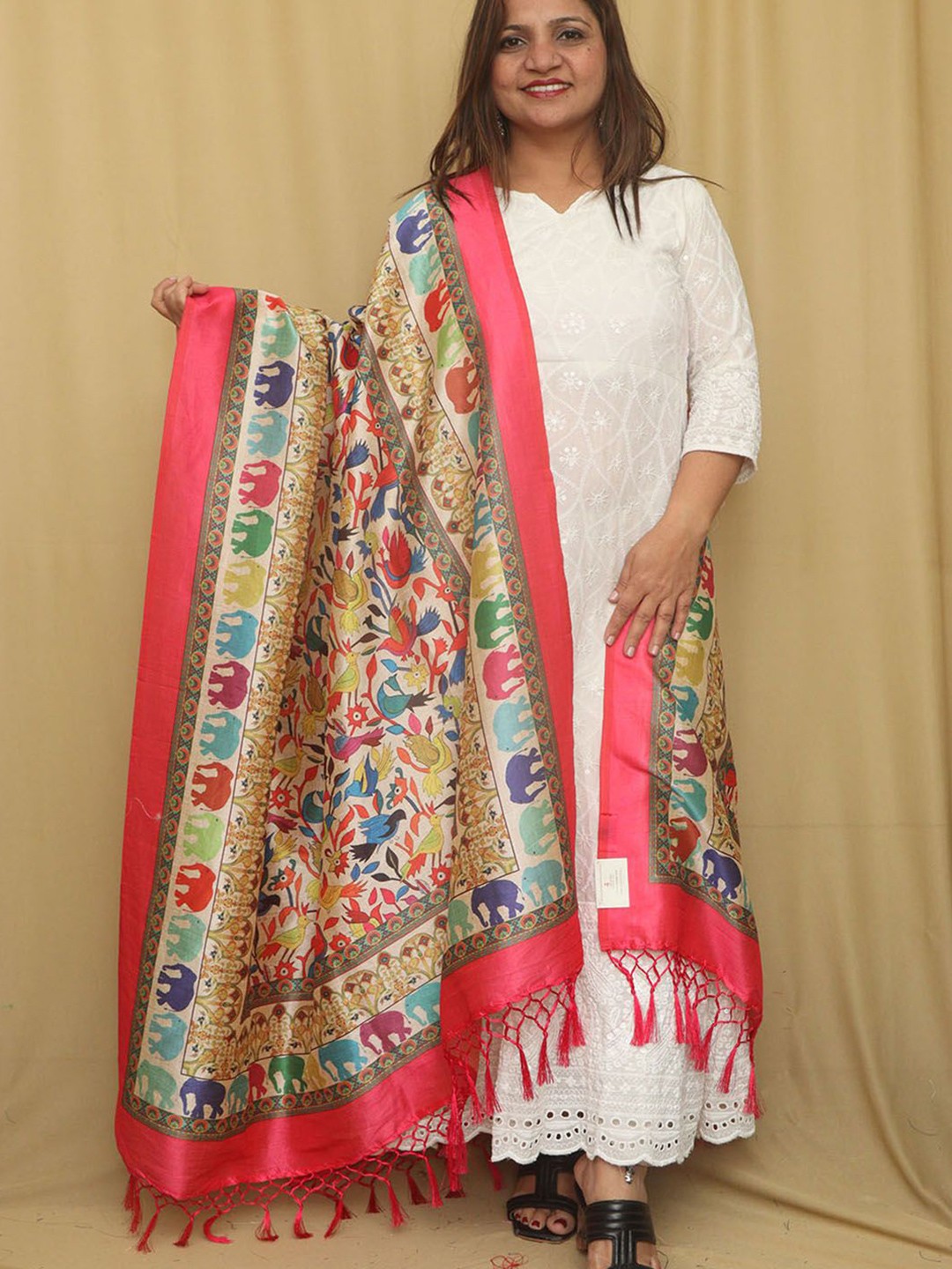 

Luxurionworld Printed Art Silk Dupatta, Cream